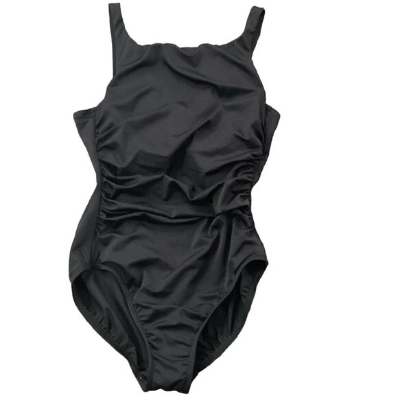 Lands' End Ruched One-Piece Swimsuit Modest High Neck Sz 8 Black 184C - Picture 2 of 6